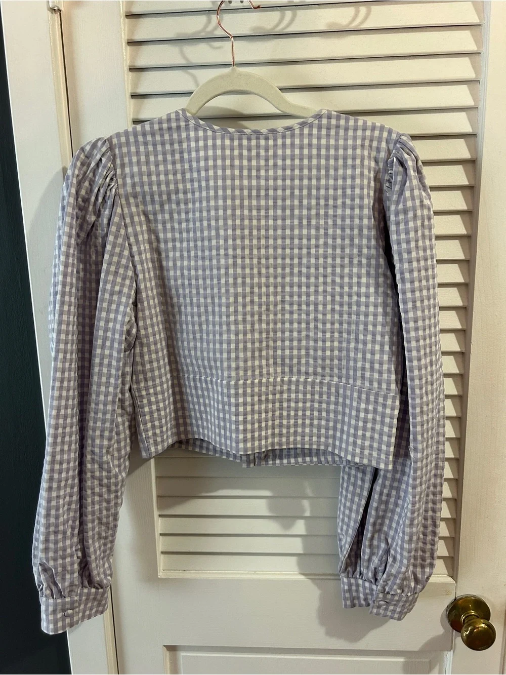 Anthropologie Lavender Gingham Tie-Front Puff Sleeve Blouse